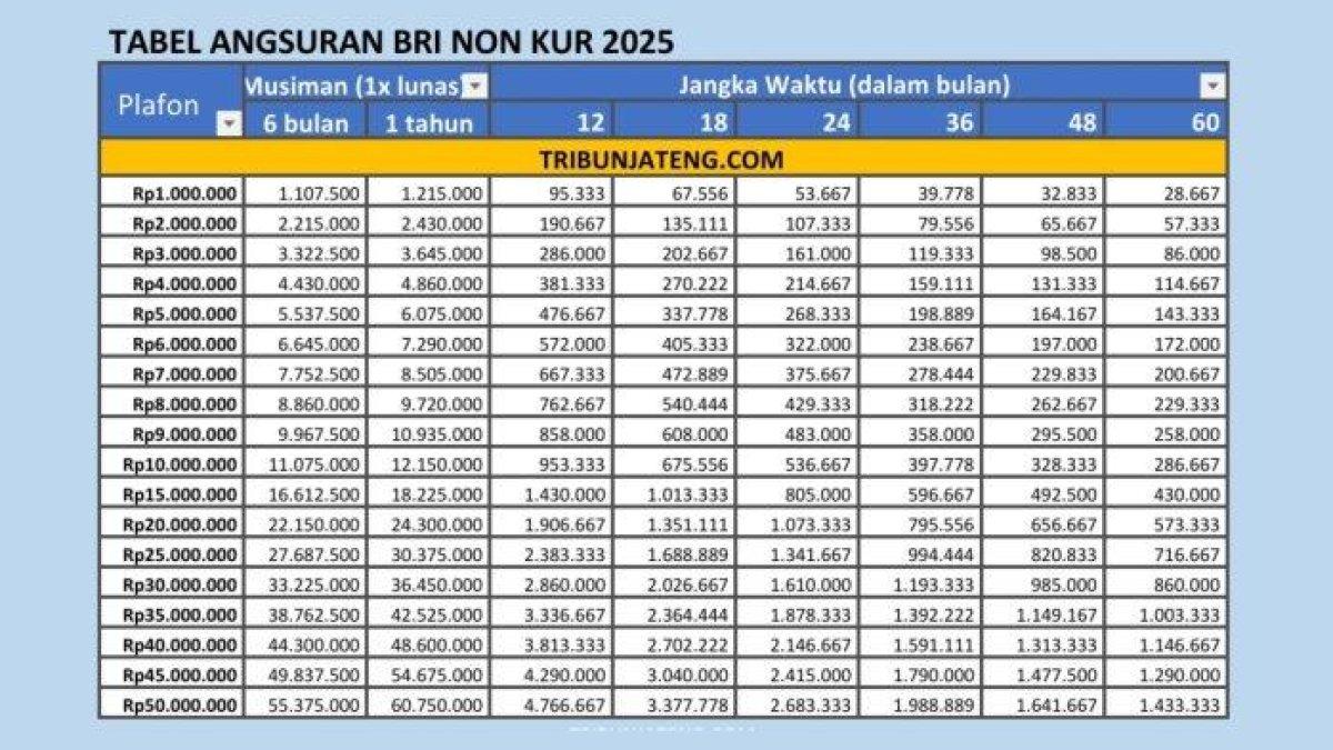 Tabel Angsuran dan Pinjaman BRI Non KUR 2025: Mulai dari Rp 1 Juta hingga Rp 500 Juta