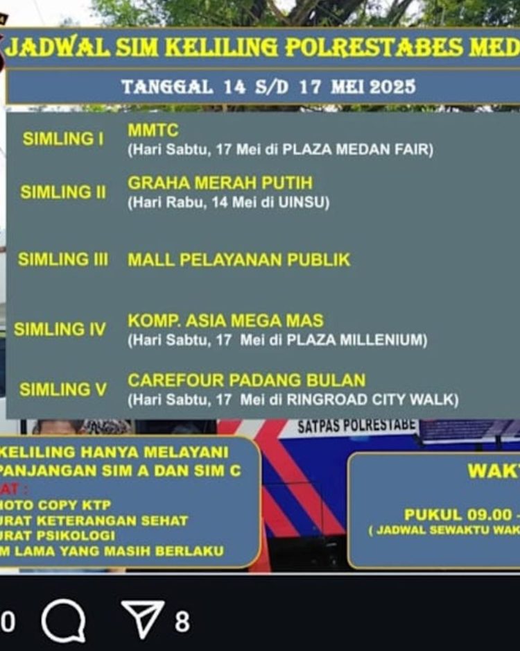 SIM Keliling Polrestabes Medan 14-17 Mei 2025, Catat Lokasinya