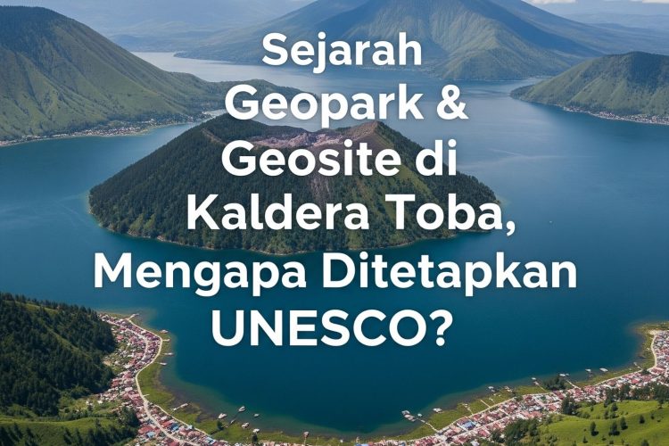buatlah image thumnail"Sejarah Geopark & Geosite di Kaldera Toba, Mengapa Ditetapkan UNESCO?" ada gambar danau toba